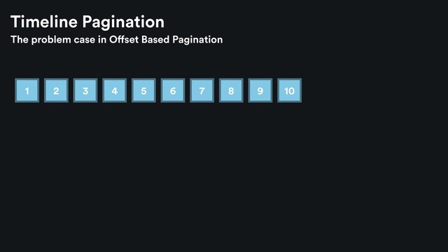 The problem case in Offset Based Pagination
Timeline Pagination
1 2 3 4 5 6 7 8 9 10
