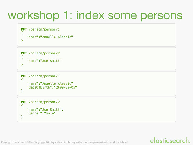 Copyright Elasticsearch 2014. Copying, publishing and/or distributing without written permission is strictly prohibited
workshop 1: index some persons
PUT /person/person/1
{
"name":"Anaelle Alessio"
}
PUT /person/person/1
{
"name":"Anaelle Alessio",
"dateOfBirth":"2009-09-05"
}
PUT /person/person/2
{
"name":"Joe Smith"
}
PUT /person/person/2
{
"name":"Joe Smith", 
"gender":"male"
}
