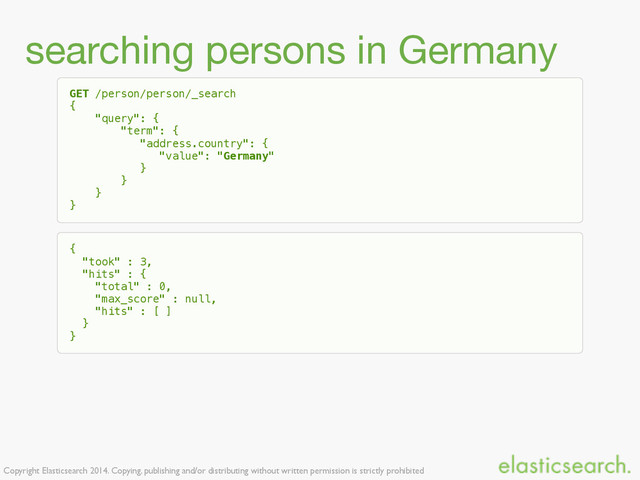 Copyright Elasticsearch 2014. Copying, publishing and/or distributing without written permission is strictly prohibited
searching persons in Germany
GET /person/person/_search
{
"query": {
"term": {
"address.country": {
"value": "Germany"
}
}
}
}
{
"took" : 3,
"hits" : {
"total" : 0,
"max_score" : null,
"hits" : [ ]
}
}
