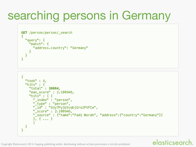 Copyright Elasticsearch 2014. Copying, publishing and/or distributing without written permission is strictly prohibited
searching persons in Germany
GET /person/person/_search
{
"query": {
"match": {
"address.country": "Germany"
}
}
}
{
"took" : 4,
"hits" : {
"total" : 30004,
"max_score" : 2.100946,
"hits" : [ {
"_index" : "person",
"_type" : "person",
"_id" : "SUy7Py3zSvqhjQroJPVFCw",
"_score" : 2.100946,
"_source" : {"name":"Fadi Norah", "address":{"country":"Germany"}}
}, { ... }
]
}
}

