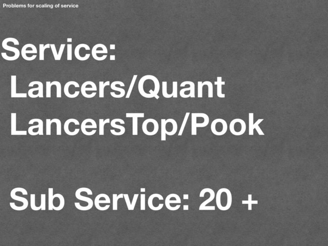 Service:
Lancers/Quant
LancersTop/Pook
Sub Service: 20 +
Problems for scaling of service
