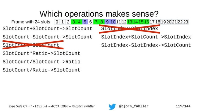 Type Safe C++? - LOL! :-) – ACCU 2018 – © Björn Fahller @bjorn_fahller 115/144
Which operations makes sense?
SlotCount+SlotCount->SlotCount
SlotCount-SlotCount->SlotCount
SlotCount*SlotCount
SlotCount*Ratio->SlotCount
SlotCount/SlotCount->Ratio
SlotCount/Ratio->SlotCount
SlotIndex+SlotIndex
SlotIndex+SlotCount->SlotIndex
SlotIndex-SlotIndex->SlotCount
0 1 2 3 4 5 6 7 8 9 1011121314151617181920212223
Frame with 24 slots
