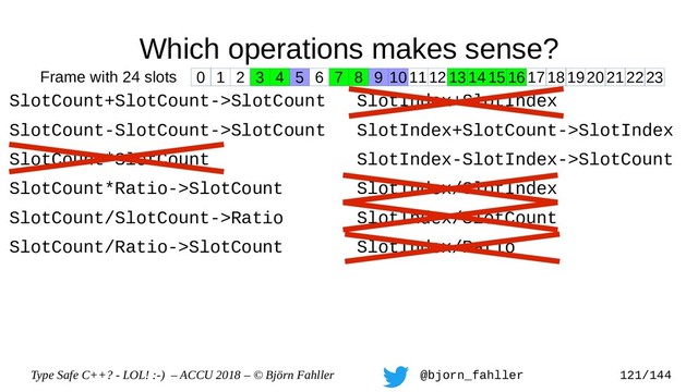 Type Safe C++? - LOL! :-) – ACCU 2018 – © Björn Fahller @bjorn_fahller 121/144
Which operations makes sense?
SlotCount+SlotCount->SlotCount
SlotCount-SlotCount->SlotCount
SlotCount*SlotCount
SlotCount*Ratio->SlotCount
SlotCount/SlotCount->Ratio
SlotCount/Ratio->SlotCount
SlotIndex+SlotIndex
SlotIndex+SlotCount->SlotIndex
SlotIndex-SlotIndex->SlotCount
SlotIndex/SlotIndex
SlotIndex/SlotCount
SlotIndex/Ratio
0 1 2 3 4 5 6 7 8 9 1011121314151617181920212223
Frame with 24 slots

