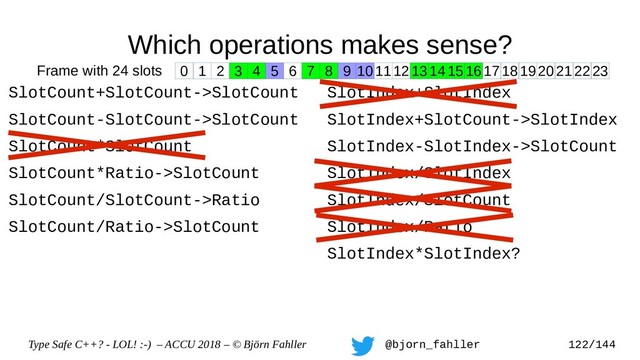 Type Safe C++? - LOL! :-) – ACCU 2018 – © Björn Fahller @bjorn_fahller 122/144
Which operations makes sense?
SlotCount+SlotCount->SlotCount
SlotCount-SlotCount->SlotCount
SlotCount*SlotCount
SlotCount*Ratio->SlotCount
SlotCount/SlotCount->Ratio
SlotCount/Ratio->SlotCount
SlotIndex+SlotIndex
SlotIndex+SlotCount->SlotIndex
SlotIndex-SlotIndex->SlotCount
SlotIndex/SlotIndex
SlotIndex/SlotCount
SlotIndex/Ratio
SlotIndex*SlotIndex?
0 1 2 3 4 5 6 7 8 9 1011121314151617181920212223
Frame with 24 slots

