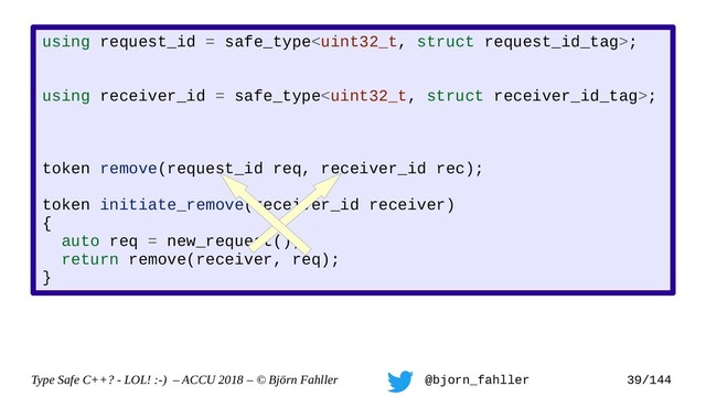 Type Safe C++? - LOL! :-) – ACCU 2018 – © Björn Fahller @bjorn_fahller 39/144
using request_id = safe_type;
using receiver_id = safe_type;
token remove(request_id req, receiver_id rec);
token initiate_remove(receiver_id receiver)
{
auto req = new_request();
return remove(receiver, req);
}
