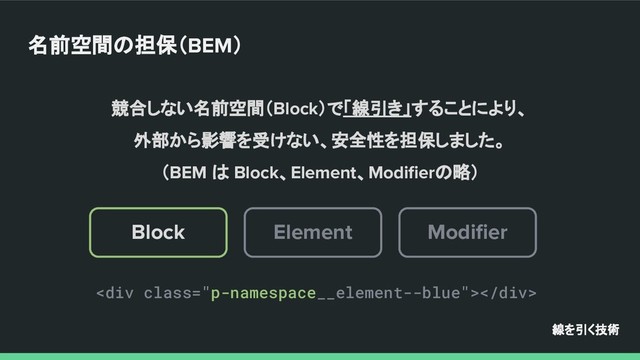競合しない名前空間（Block）で「線引き」することにより、
外部から影響を受けない、安全性を担保しました。
（BEM は Block、Element、Modiﬁerの略）
Modiﬁer
Element
Block
線を引く技術
名前空間の担保（BEM）
<div class="p-namespace__element--blue"></div>
