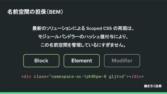 最新のソリューションによる Scoped CSS の再現は、
モジュールバンドラーのハッシュ値付与により、
この名前空間を管理しているにすぎません。
線を引く技術
名前空間の担保（BEM）
<div class="namespace-sc-1ph8hpw-0 gljtvd"></div>
Modiﬁer
Element
Block
