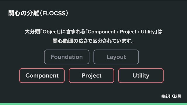 大分類「Object」に含まれる「Component / Project / Utility」は
関心範囲の広さで区分されています。
Layout
Foundation
線を引く技術
関心の分離（FLOCSS）
Utility
Project
Component
