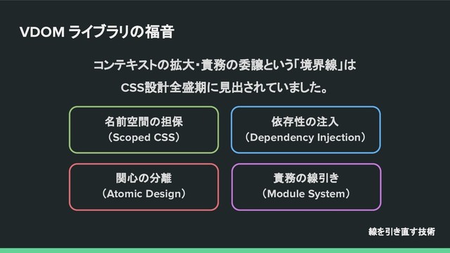 コンテキストの拡大・責務の委譲という「境界線」は
CSS設計全盛期に見出されていました。
線を引き直す技術
名前空間の担保
（Scoped CSS）
依存性の注入
（Dependency Injection）
関心の分離
（Atomic Design）
責務の線引き
（Module System）
VDOM ライブラリの福音
