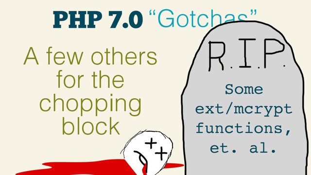 PHP 7.0 “Gotchas”
A few others
for the
chopping
block
Some
ext/mcrypt
functions,
et. al.
