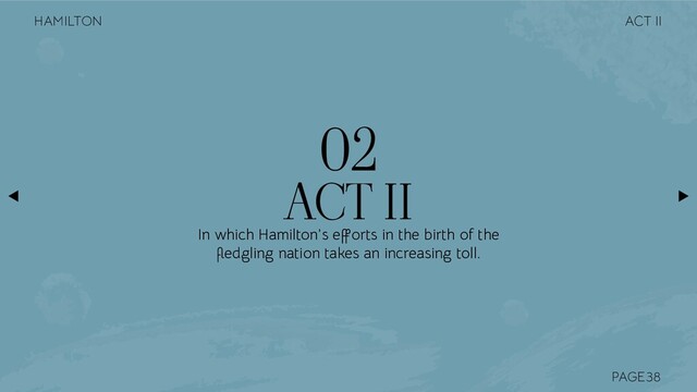 PAGE
ACT II
02
In which Hamilton’s efforts in the birth of the
ﬂedgling nation takes an increasing toll.
38
ACT II
HAMILTON
