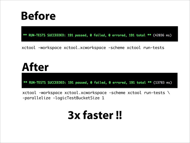 xctool -workspace xctool.xcworkspace -scheme xctool run-tests \
-parallelize -logicTestBucketSize 1
xctool -workspace xctool.xcworkspace -scheme xctool run-tests
3x faster !!
Before
After
