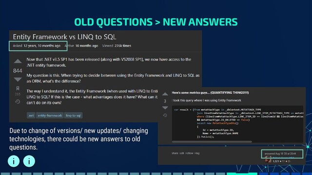 OLD QUESTIONS > NEW ANSWERS
Due to change of versions/ new updates/ changing
technologies, there could be new answers to old
questions.

