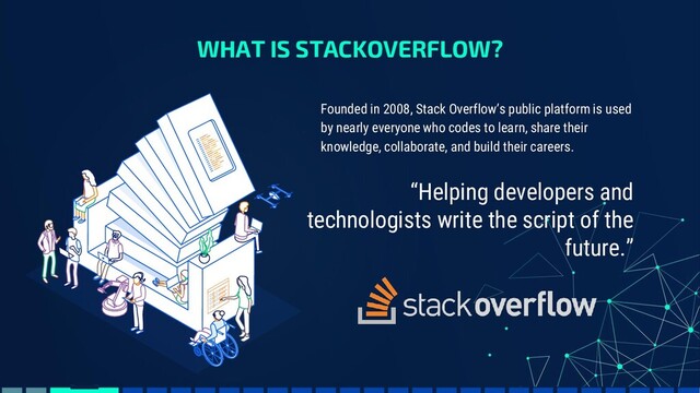 Founded in 2008, Stack Overflow’s public platform is used
by nearly everyone who codes to learn, share their
knowledge, collaborate, and build their careers.
WHAT IS STACKOVERFLOW?
“Helping developers and
technologists write the script of the
future.”
