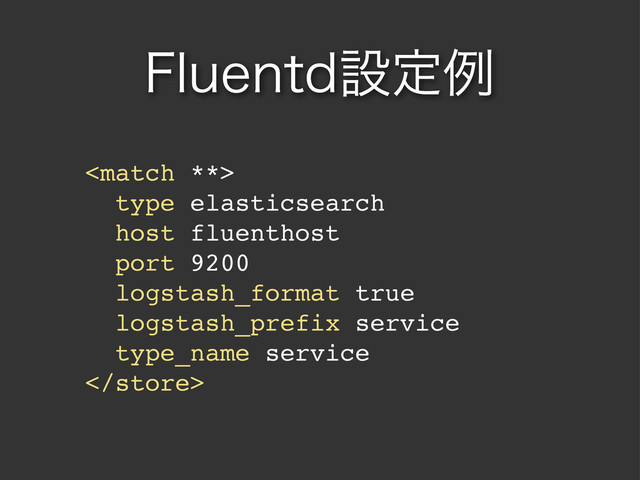 'MVFOUEઃఆྫ

type elasticsearch
host fluenthost
port 9200
logstash_format true
logstash_prefix service
type_name service

