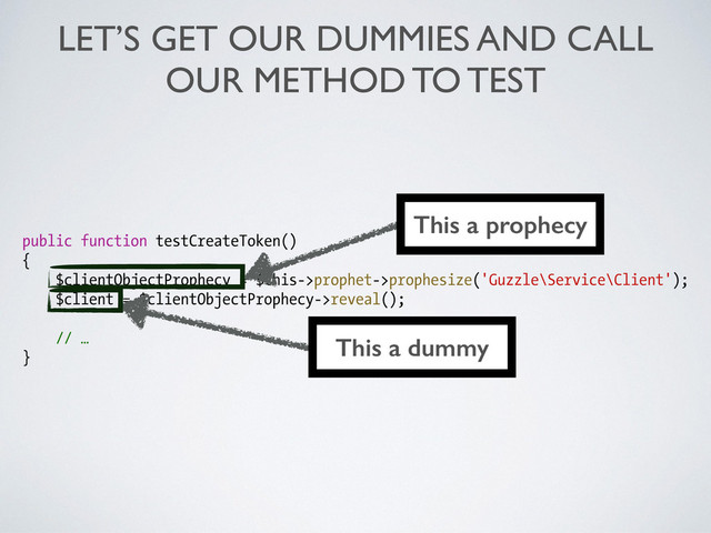 LET’S GET OUR DUMMIES AND CALL
OUR METHOD TO TEST
public function testCreateToken()
{
$clientObjectProphecy = $this->prophet->prophesize('Guzzle\Service\Client');
$client = $clientObjectProphecy->reveal();
!
// …
}
This a prophecy
This a dummy

