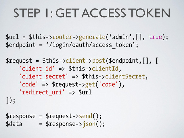 STEP 1: GET ACCESS TOKEN
$url = $this->router->generate(‘admin’,[], true);
$endpoint = ‘/login/oauth/access_token’;
!
$request = $this->client->post($endpoint,[], [
'client_id' => $this->clientId,
'client_secret' => $this->clientSecret,
'code' => $request->get('code'),
'redirect_uri' => $url
]);
!
$response = $request->send();
$data = $response->json();
