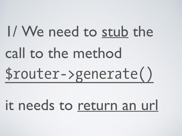 1/ We need to stub the
call to the method
$router->generate()
it needs to return an url

