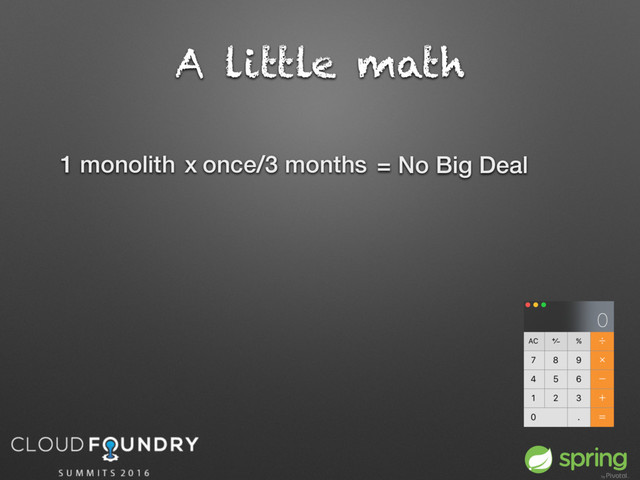 A little math
1 monolith x once/3 months = No Big Deal
