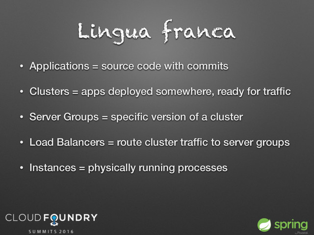 Lingua franca
• Applications = source code with commits
• Clusters = apps deployed somewhere, ready for trafﬁc
• Server Groups = speciﬁc version of a cluster
• Load Balancers = route cluster trafﬁc to server groups
• Instances = physically running processes

