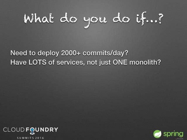 What do you do if…?
Need to deploy 2000+ commits/day?
Have LOTS of services, not just ONE monolith?

