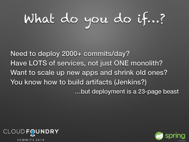 What do you do if…?
Need to deploy 2000+ commits/day?
Have LOTS of services, not just ONE monolith?
Want to scale up new apps and shrink old ones?
You know how to build artifacts (Jenkins?)
…but deployment is a 23-page beast
