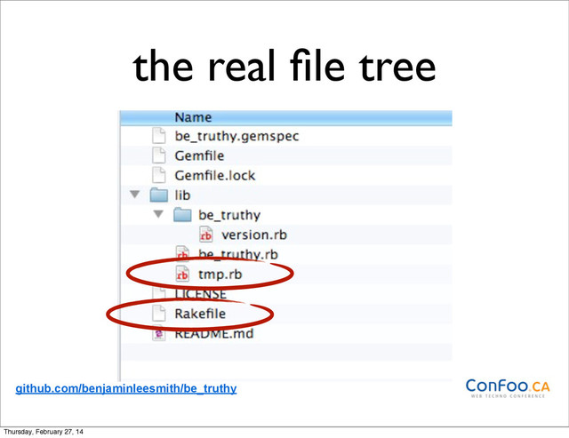 the real ﬁle tree
github.com/benjaminleesmith/be_truthy
Thursday, February 27, 14
