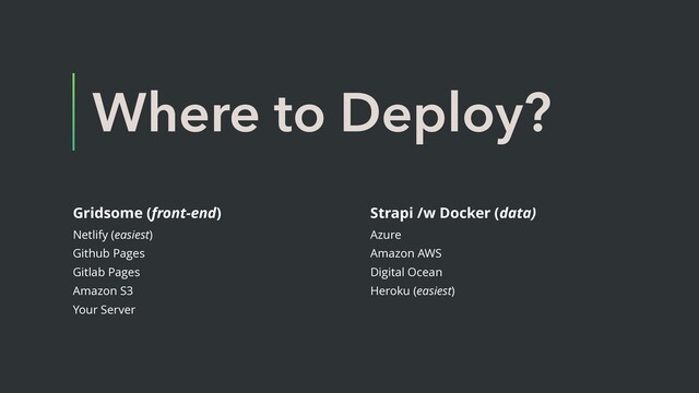 Where to Deploy?
Gridsome (front-end)
Netlify (easiest)
Github Pages
Gitlab Pages
Amazon S3
Your Server
Strapi /w Docker (data)
Azure
Amazon AWS
Digital Ocean
Heroku (easiest)
