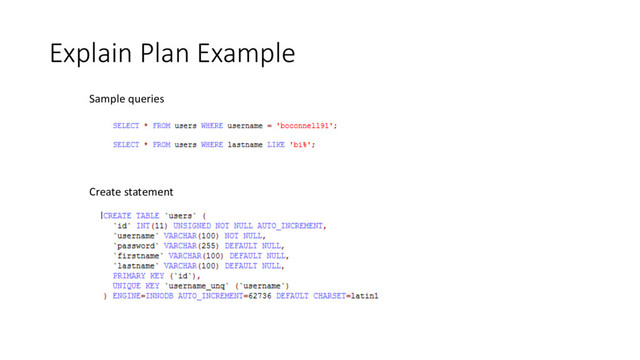 Explain Plan Example
Sample queries
Create statement
