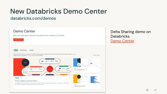 ©2022 Databricks Inc. — All rights reserved 23
New Databricks Demo Center
databricks.com/demos
Delta Sharing demo on
Databricks
Demo Center
