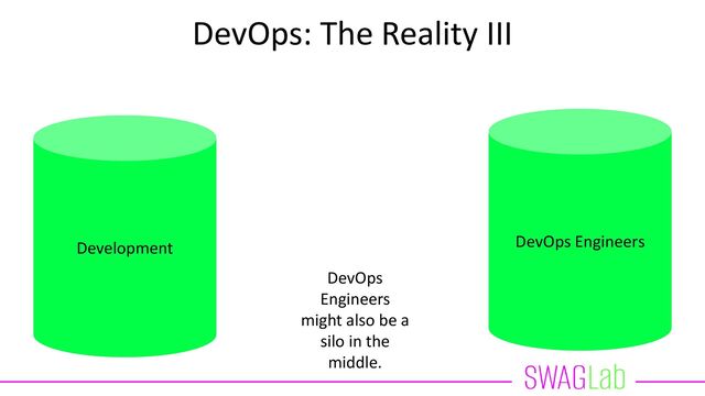 DevOps: The Reality III
Development DevOps Engineers
DevOps
Engineers
might also be a
silo in the
middle.
