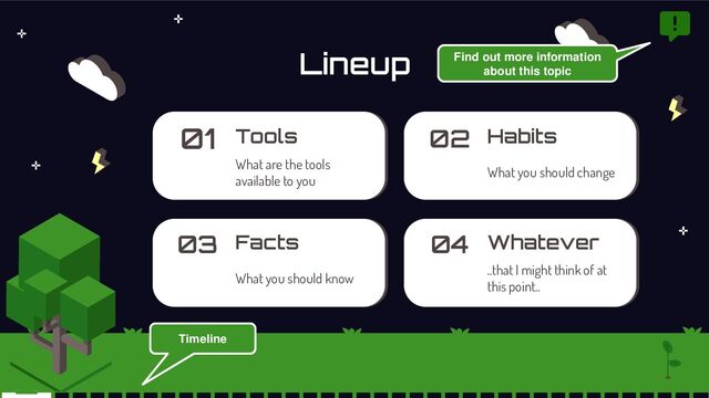 Lineup
Tools
What are the tools
available to you
01 Habits
What you should change
02
Whatever
..that I might think of at
this point..
04
Facts
What you should know
03
Find out more information
about this topic
Timeline
