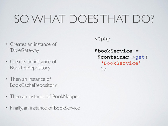SO WHAT DOES THAT DO?
• Creates an instance of
TableGateway
• Creates an instance of
BookDbRepository
• Then an instance of
BookCacheRepository
• Then an instance of BookMapper
• Finally, an instance of BookService
get(
‘BookService’
);
