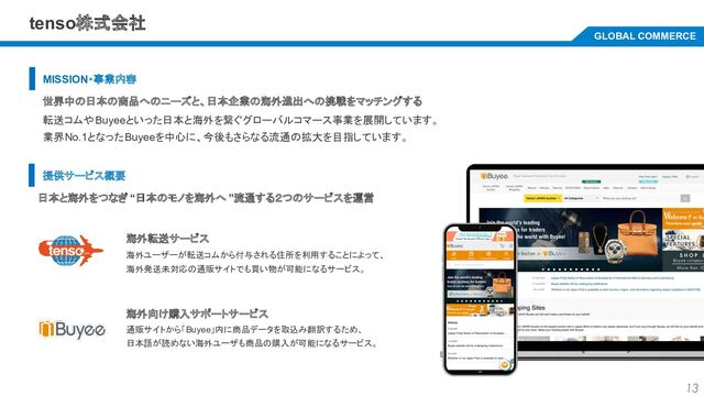 13
GLOBAL COMMERCE
MISSION・事業内容
転送コムやBuyeeといった日本と海外を繋ぐグローバルコマース事業を展開しています。
業界No.1となったBuyeeを中心に、今後もさらなる流通の拡大を目指しています。
世界中の日本の商品へのニーズと、日本企業の海外進出への挑戦をマッチングする
提供サービス概要
海外転送サービス
海外ユーザーが転送コムから付与される住所を利用することによって、
海外発送未対応の通販サイトでも買い物が可能になるサービス。
海外向け購入サポートサービス
通販サイトから「Buyee」内に商品データを取込み翻訳するため、
日本語が読めない海外ユーザも商品の購入が可能になるサービス。
日本と海外をつなぎ“日本のモノを海外へ”流通する２つのサービスを運営
tenso株式会社
