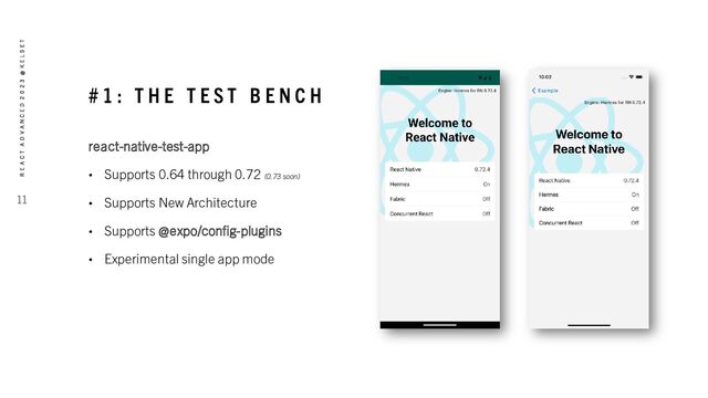 # 1 : T H E T E S T B E N C H
react-native-test-app
• Supports 0.64 through 0.72 (0.73 soon)
• Supports New Architecture
• Supports @expo/config-plugins
• Experimental single app mode
11
R E A C T A D V A N C E D 2 0 2 3 @ K E L S E T
