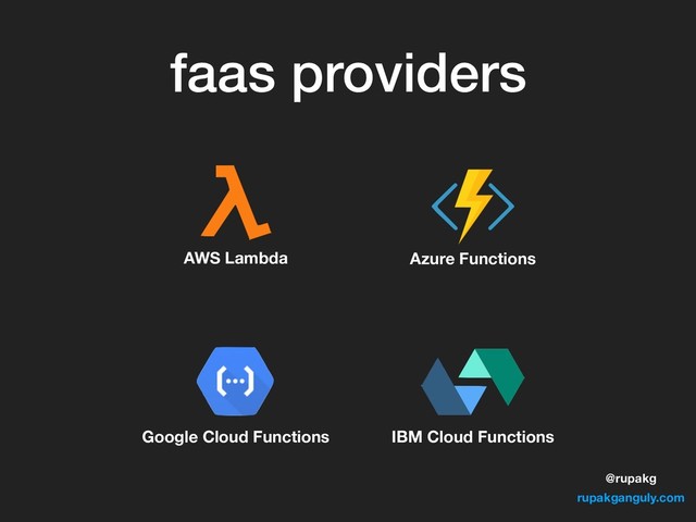 @rupakg
rupakganguly.com
faas providers
AWS Lambda Azure Functions
Google Cloud Functions IBM Cloud Functions

