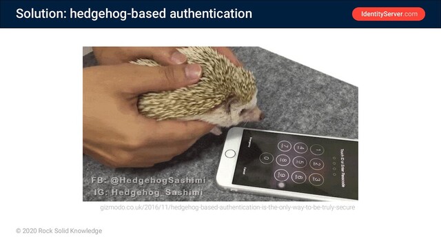 © 2020 Rock Solid Knowledge
Solution: hedgehog-based authentication
gizmodo.co.uk/2016/11/hedgehog-based-authentication-is-the-only-way-to-be-truly-secure

