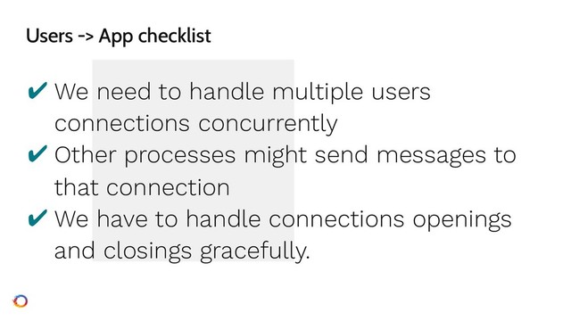 Users -> App checklist
✔ We need to handle multiple users
connections concurrently
✔ Other processes might send messages to
that connection
✔ We have to handle connections openings
and closings gracefully.
