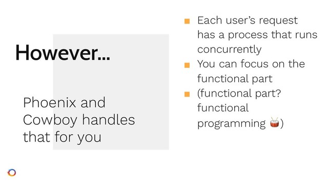 However…
■ Each user’s request
has a process that runs
concurrently
■ You can focus on the
functional part
■ (functional part?
functional
programming )
Phoenix and
Cowboy handles
that for you
