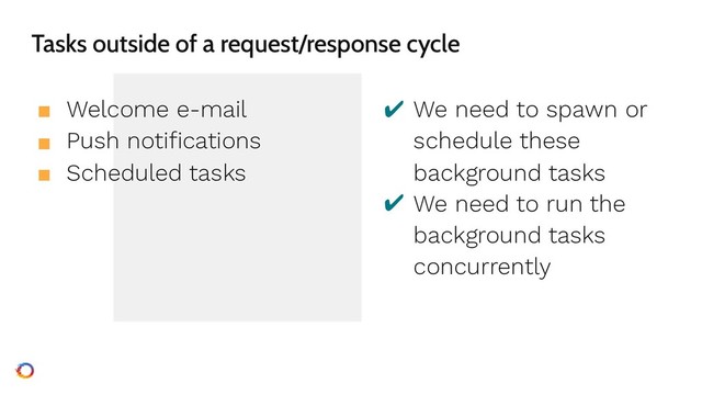 Tasks outside of a request/response cycle
■ Welcome e-mail
■ Push notifications
■ Scheduled tasks
✔ We need to spawn or
schedule these
background tasks
✔ We need to run the
background tasks
concurrently
