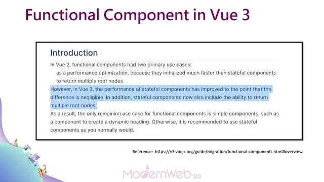 Functional Component in Vue 3
Reference: https://v3.vuejs.org/guide/migration/functional-components.html#overview
