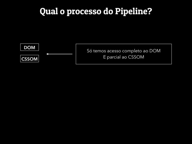 Qual o processo do Pipeline?
DOM
CSSOM
Só temos acesso completo ao DOM
E parcial ao CSSOM
