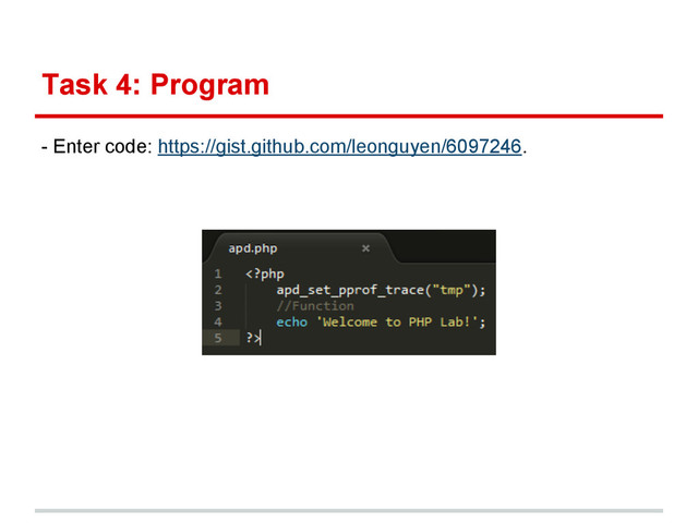 Task 4: Program
- Enter code: https://gist.github.com/leonguyen/6097246.
