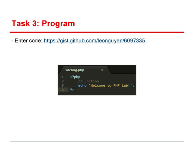 Task 3: Program
- Enter code: https://gist.github.com/leonguyen/6097335.
