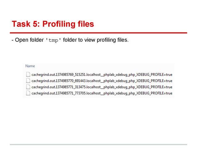Task 5: Profiling files
- Open folder 'tmp' folder to view profiling files.
