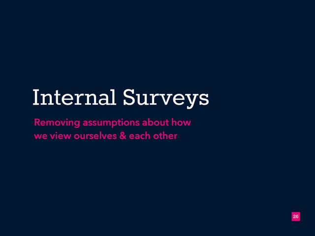 Internal Surveys
!26
Removing assumptions about how
we view ourselves & each other

