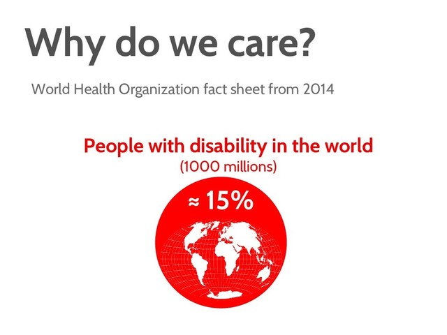 Why do we care?
World Health Organization fact sheet from 2014
People with disability in the world
(1000 millions)
≈ 15%
