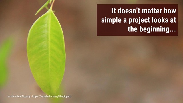 It doesn’t matter how
simple a project looks at
the beginning...
Andhrastea Pipperly - https://unsplash.com/@thepipperly
