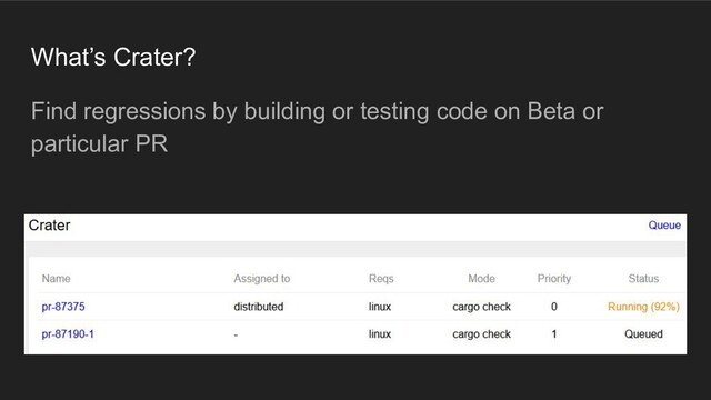 What’s Crater?
Find regressions by building or testing code on Beta or
particular PR
