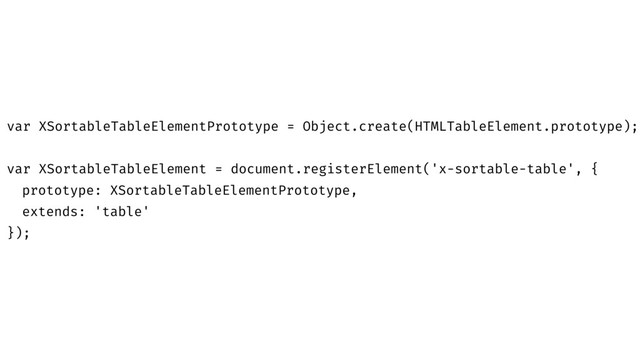 var XSortableTableElementPrototype = Object.create(HTMLTableElement.prototype);
var XSortableTableElement = document.registerElement('x-sortable-table', {
prototype: XSortableTableElementPrototype,
extends: 'table'
});

